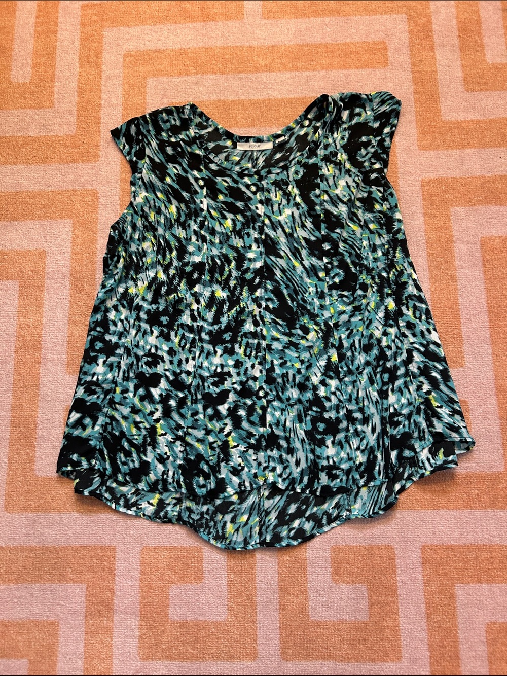 Sejour Teal and Black Abstract Cap-Sleeve Blouse